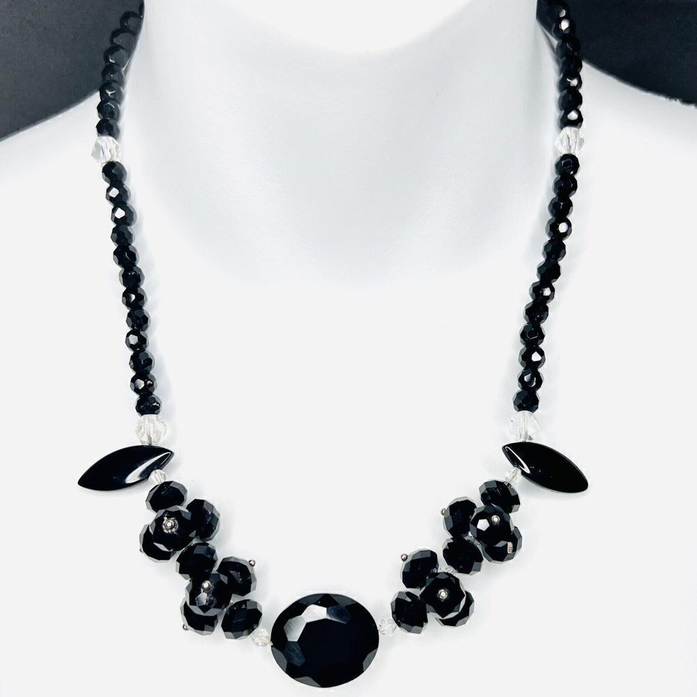 Vintage Black Crystal Faux Onyx Collar Necklace Statement Stylish Toggle 4155